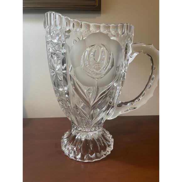 Vintage Cut Crystal Glass Etched Floral 9" Footed Pitcher with Original Sticker - Picture 3 of 10